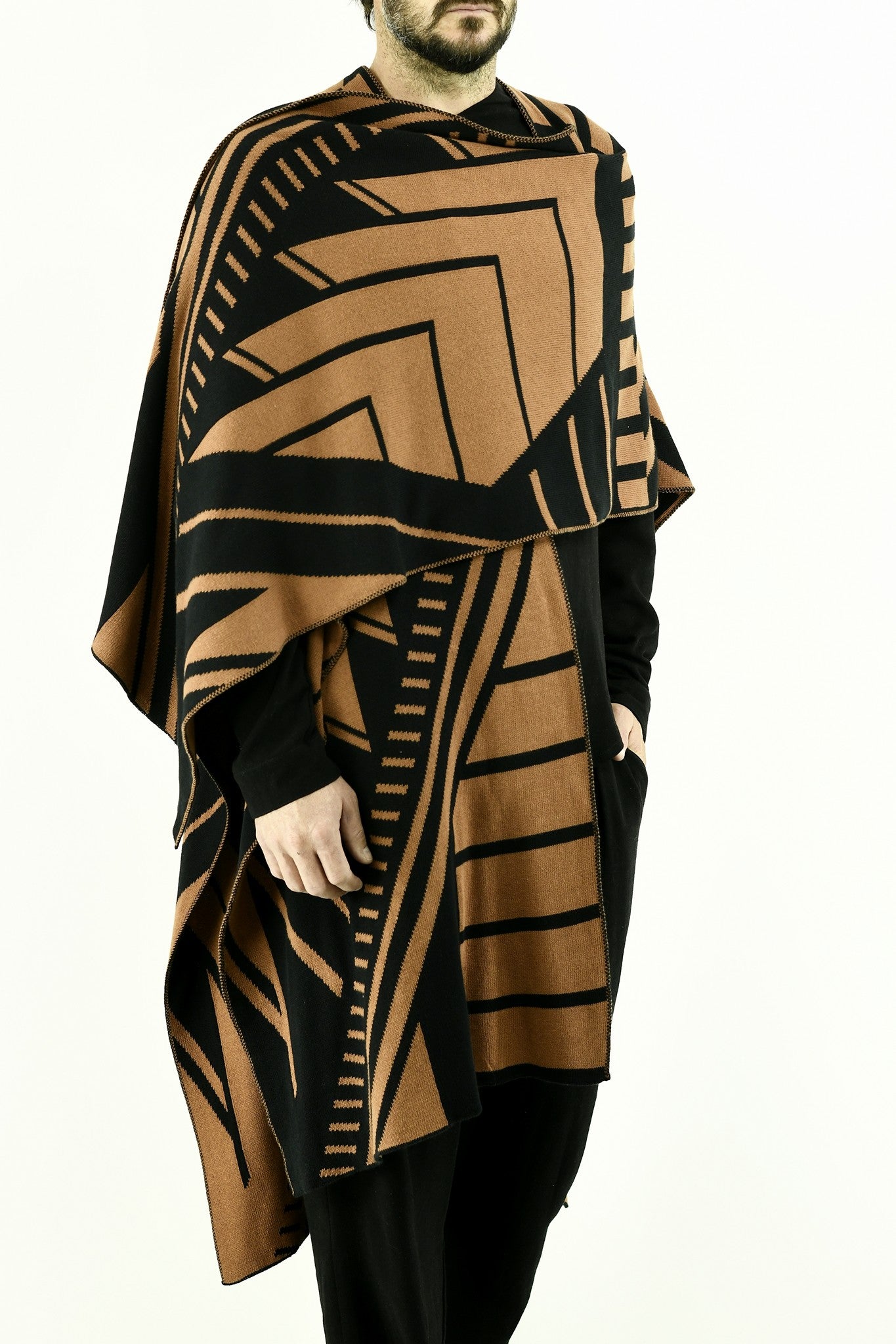 Menswear Knitted Bronze and Black Chevron Poncho ZG5571