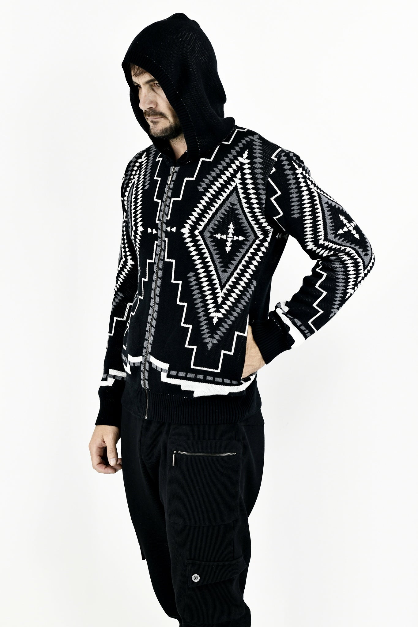 Menswear Knitwear Multi Diamond Hoody Zip Through ZG5618