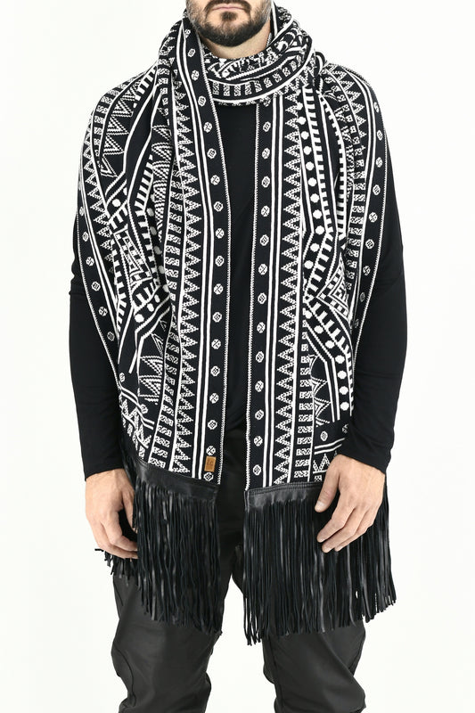 Black and white knit keys scarf with leather fringing ZG5630