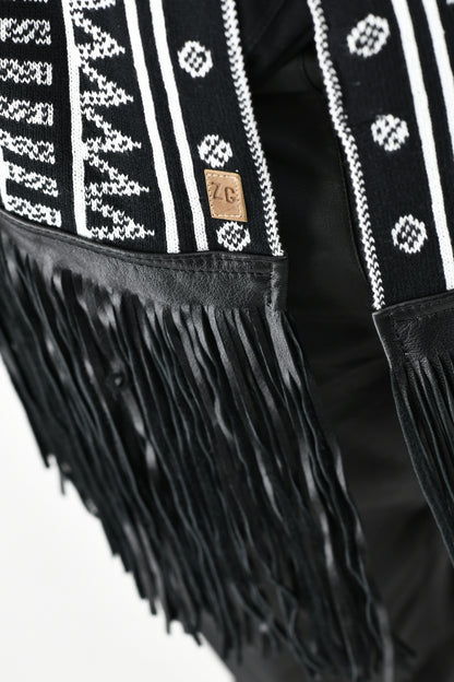 Black and white knit keys scarf with leather fringing ZG5630