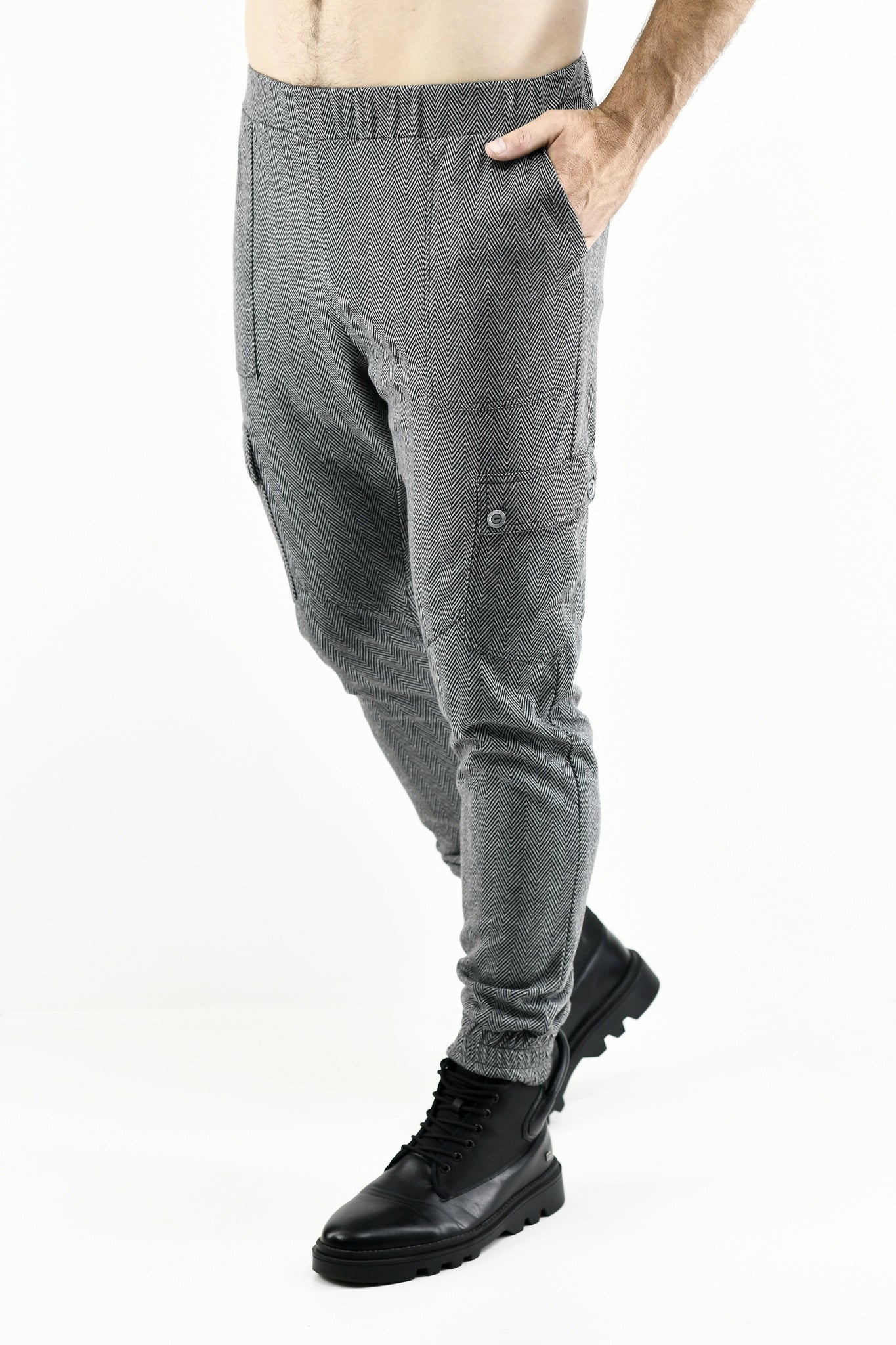 Menswear Grey Herringbone Cargo Jogger Pants ZG5634