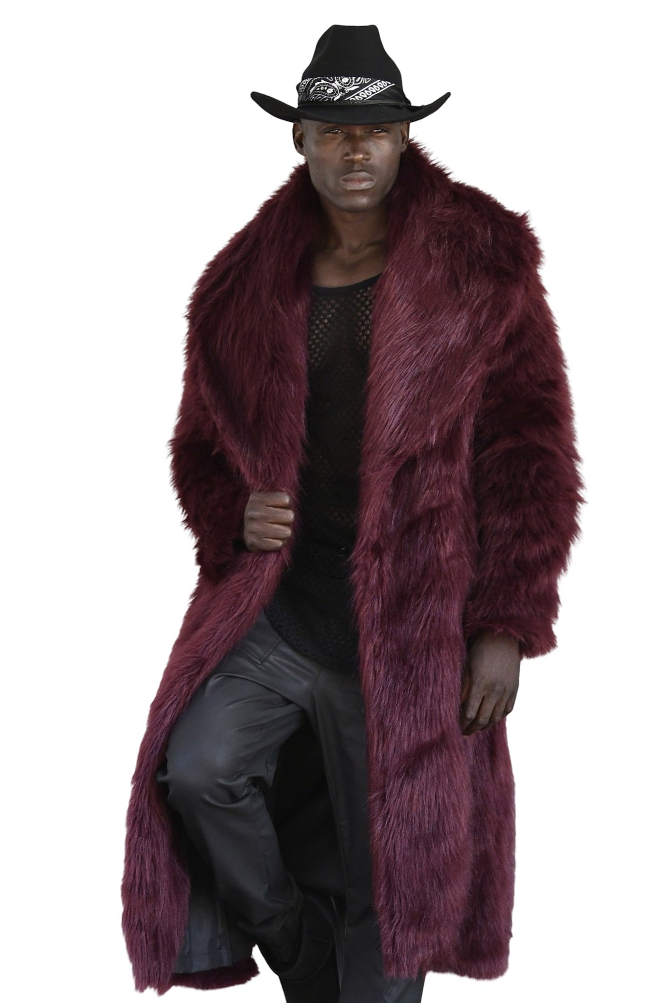 Mens Burgundy Faux Fur Coat ZG5733