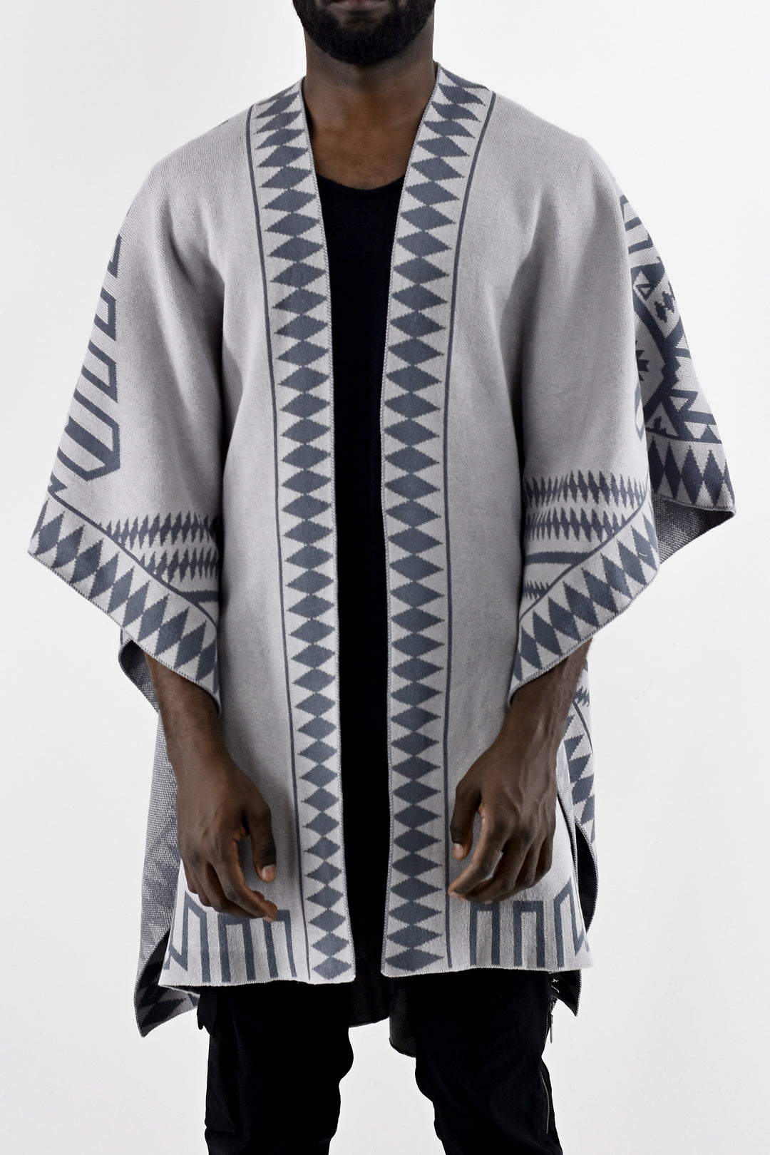 Menswear Knitted Jagged Poncho in Slate and Grey ZG5538