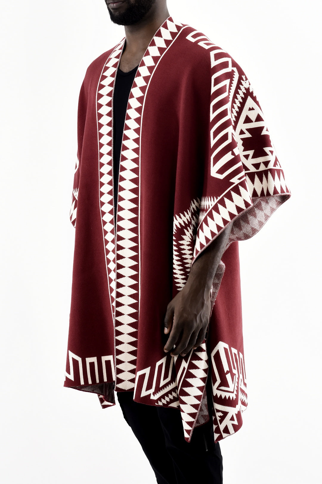 Menswear Knitted Jagged Poncho in Maroon and Cream ZG5537