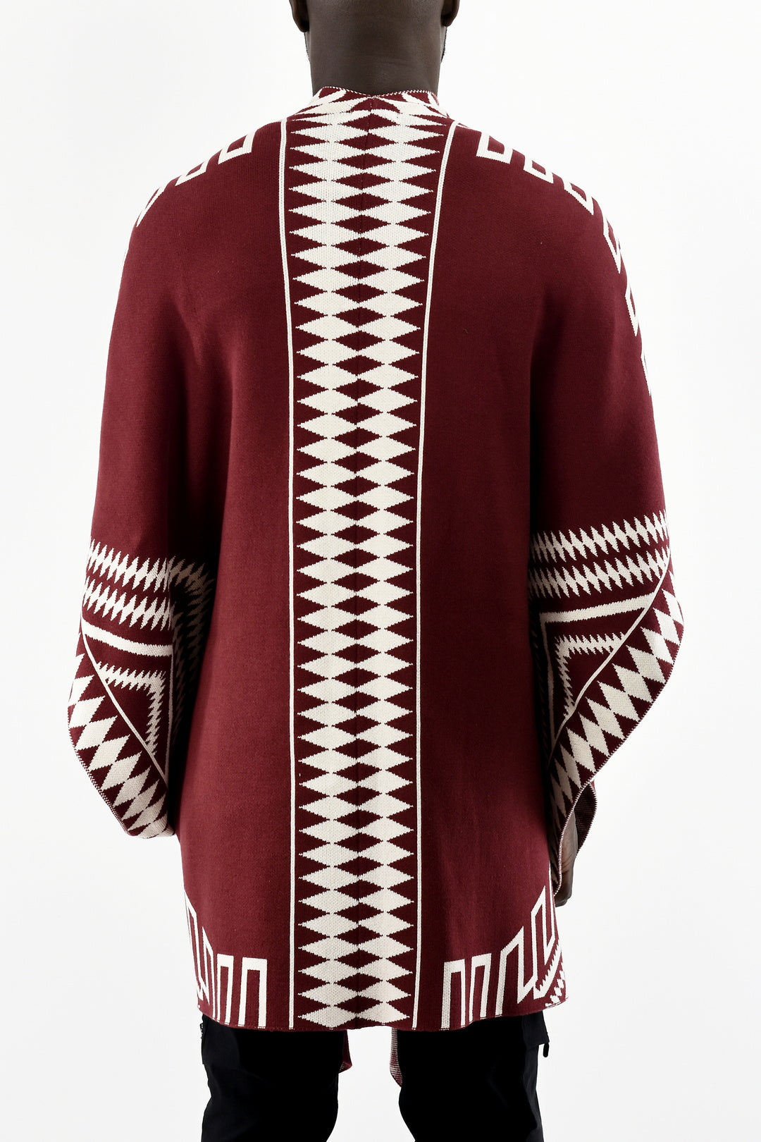 Menswear Knitted Jagged Poncho in Maroon and Cream ZG5537