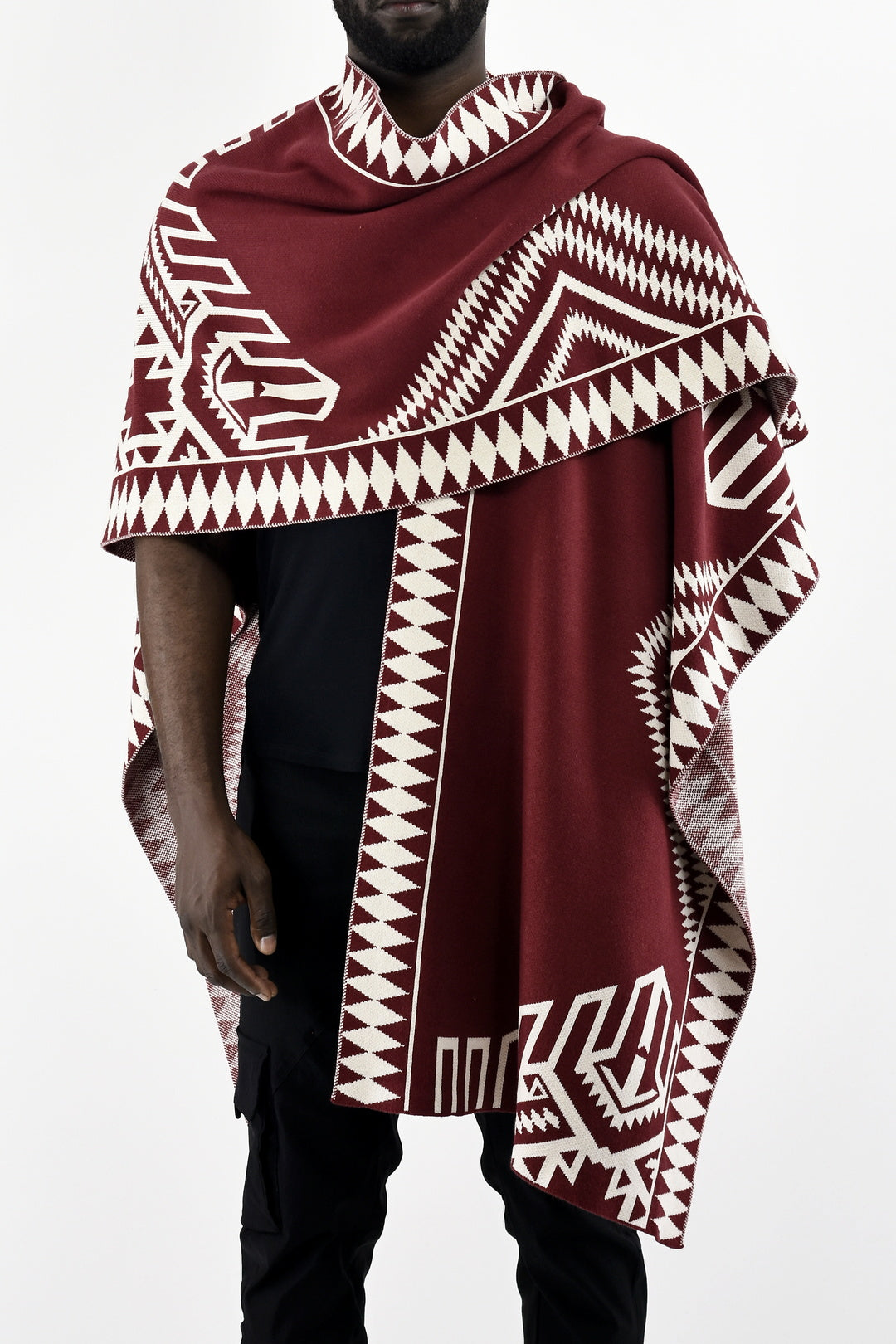 Menswear Knitted Jagged Poncho in Maroon and Cream ZG5537