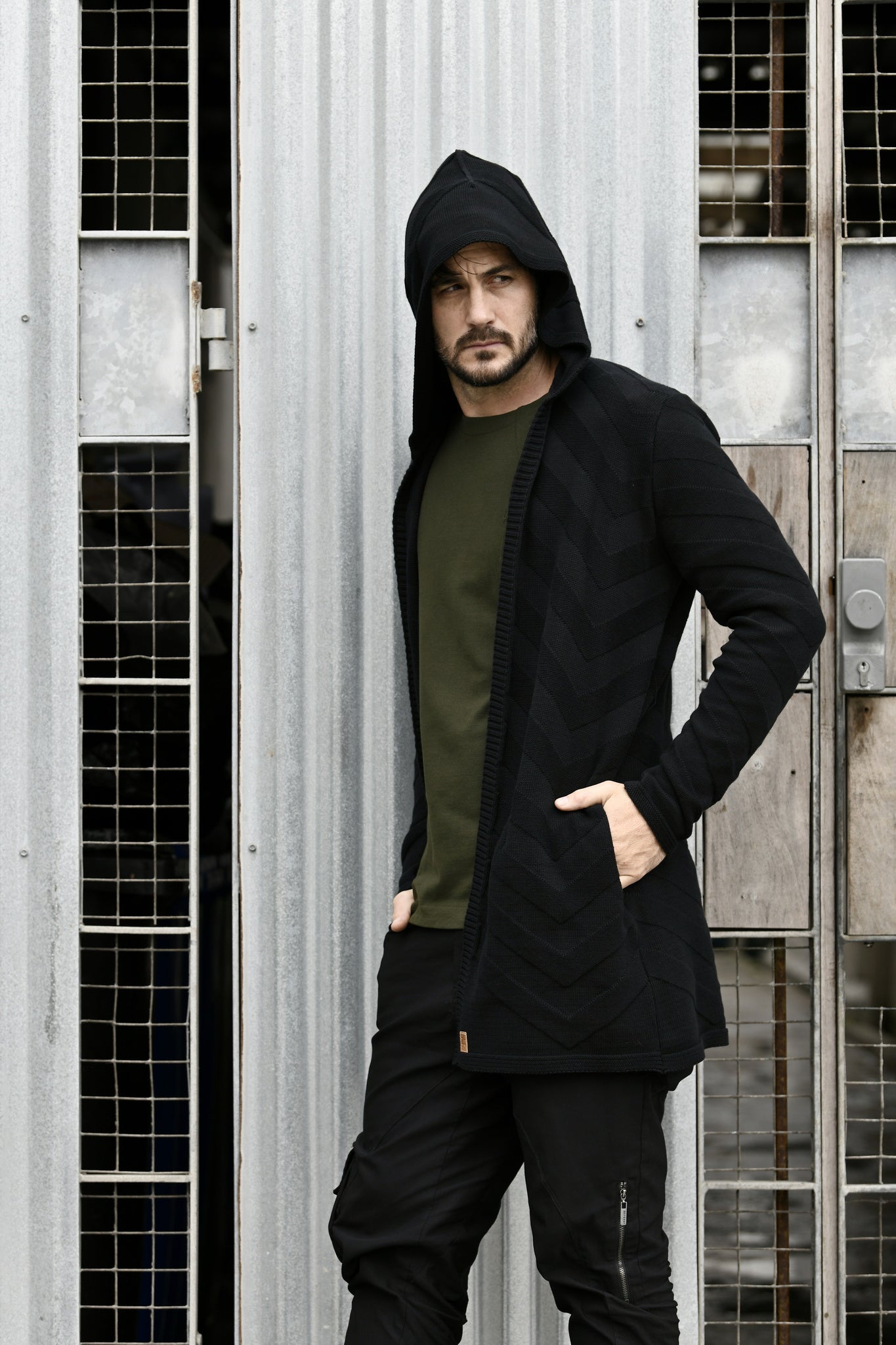 Menswear Black Hooded Chevron Cardigan ZG5566