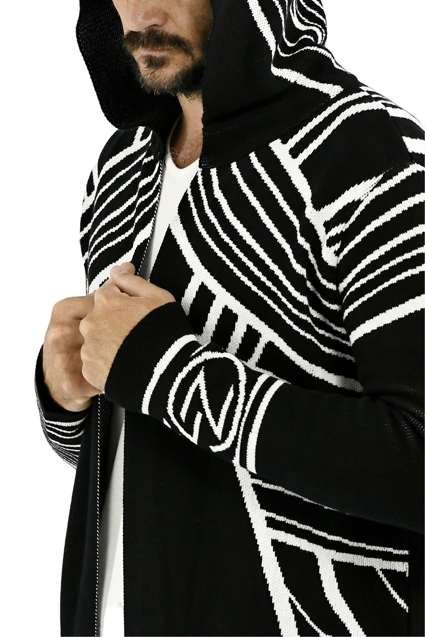 Menswear Circular Black and White Hooded Cardigan ZG5704