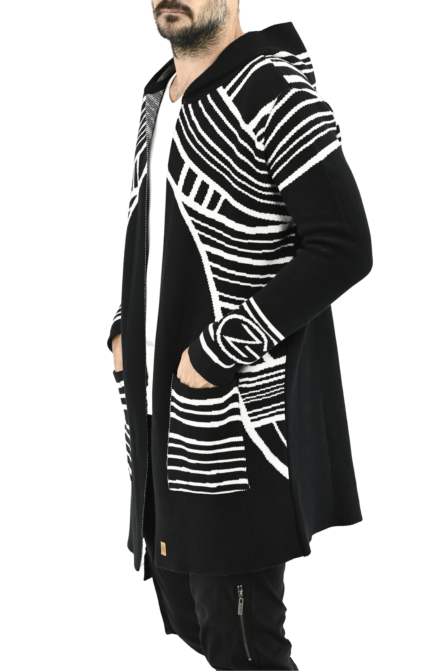 Menswear Circular Black and White Hooded Cardigan ZG5704