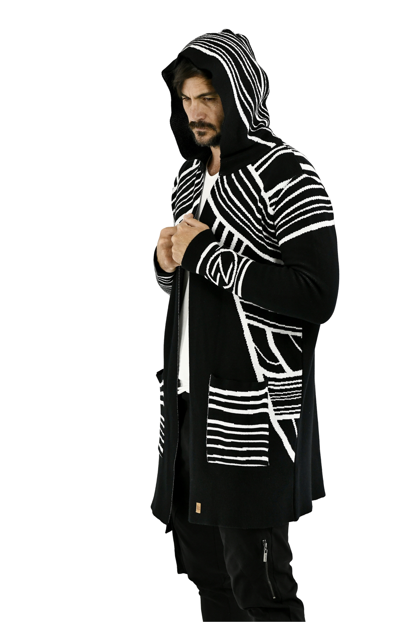 Menswear Circular Black and White Hooded Cardigan ZG5704