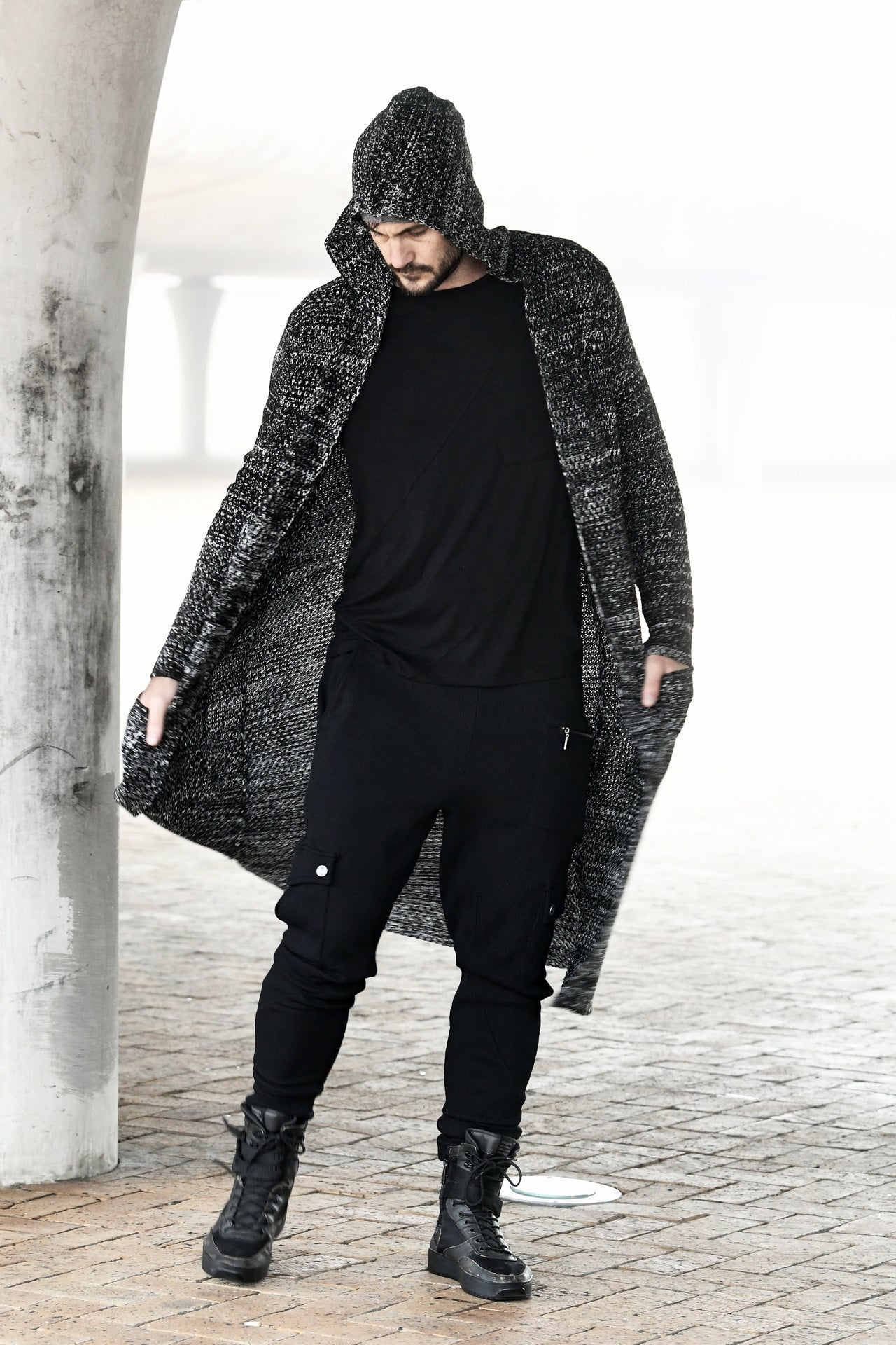 Black Marl Maxi Hooded Cardigan with Pockets ZG5644