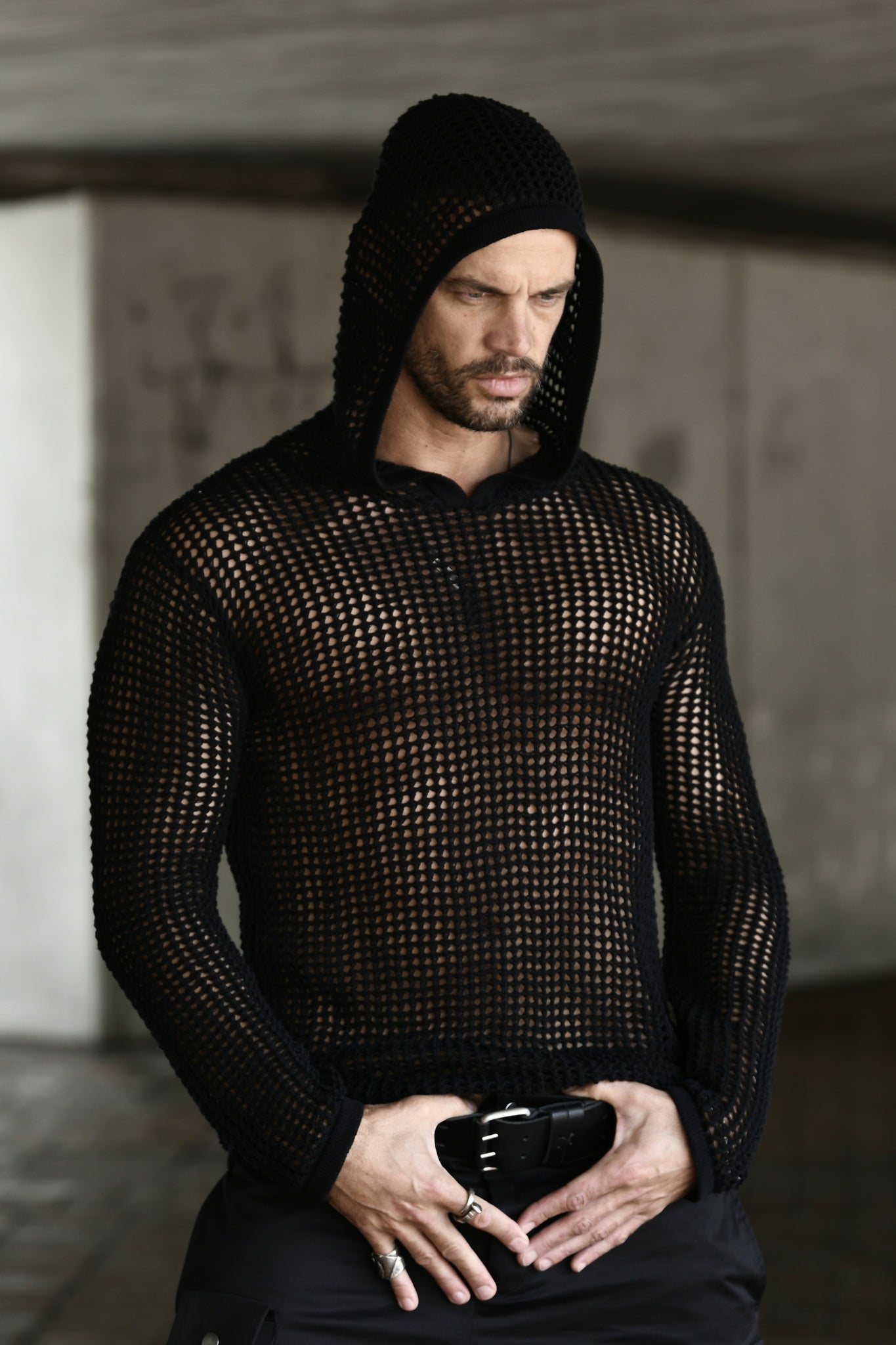 Menswear Black Knitwear Mesh Hoody Sweater ZG5587