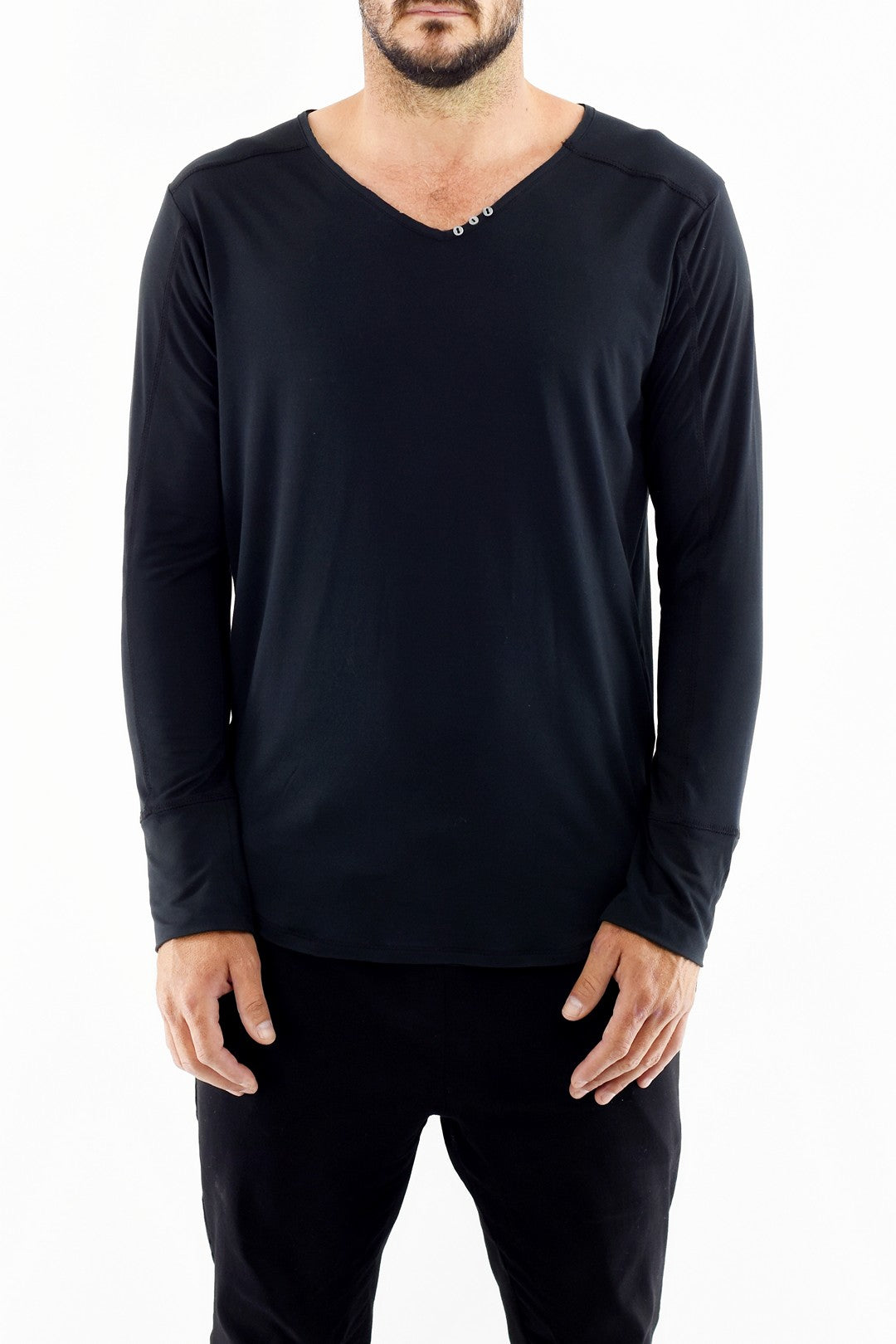 Mens Black V neck T with button detail ZG5319