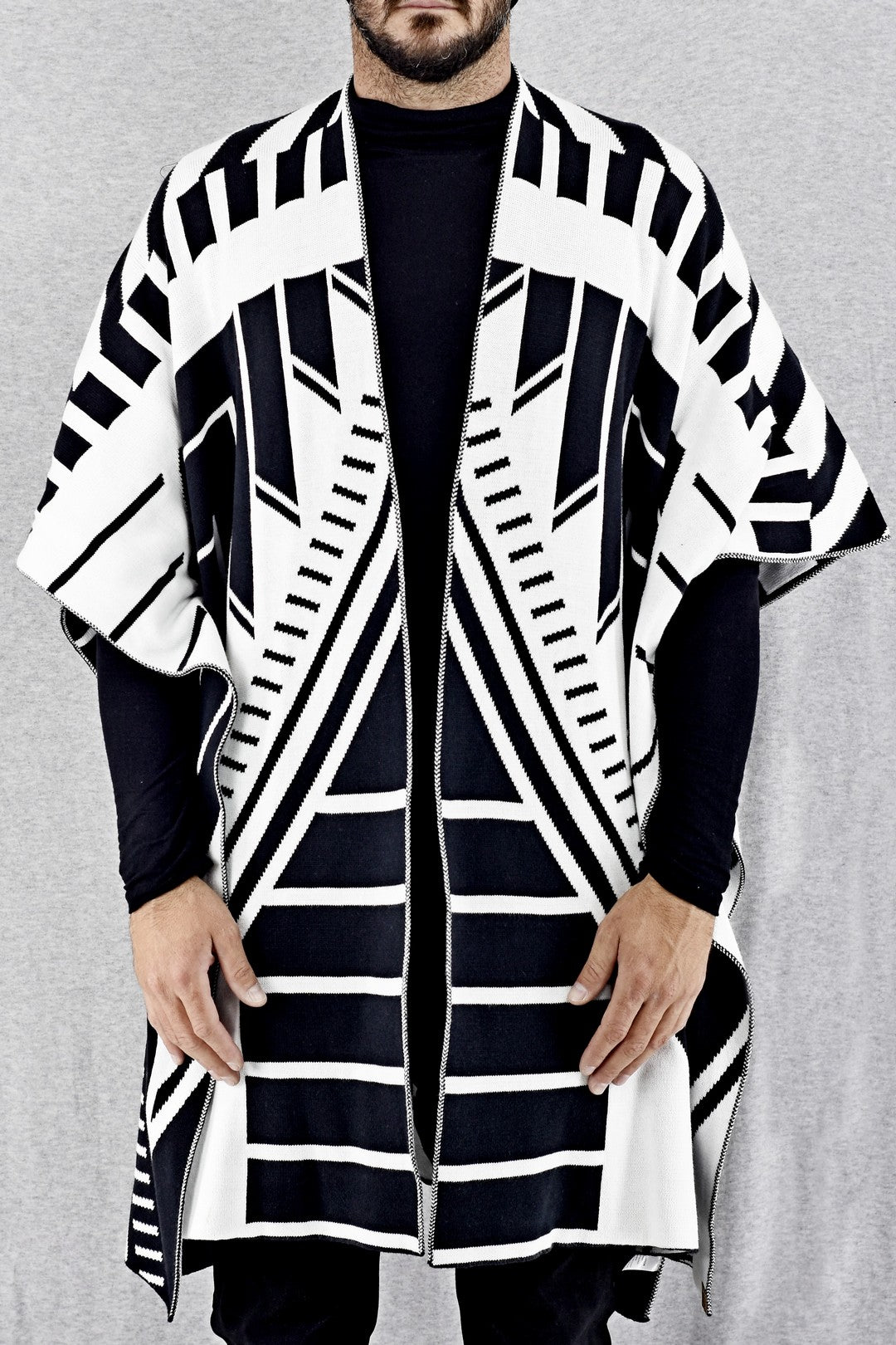 Mens Knitwear Chevron Poncho in Black/White ZG5321
