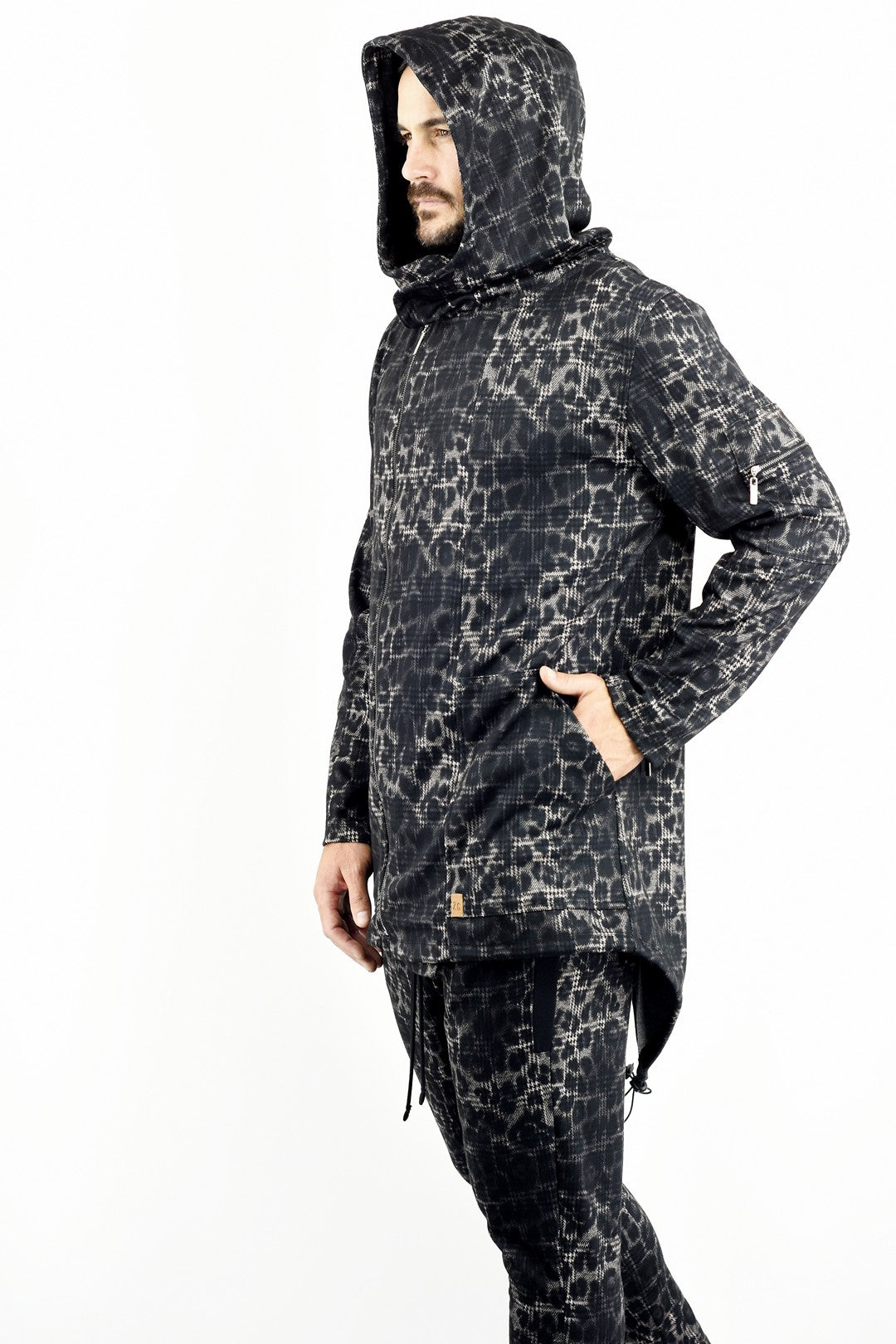 Mens Knit Zip Hooded Parka in Leopard and Houndstooth pattern ZG5347