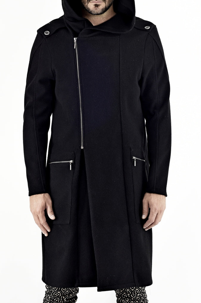 Mens Black Hoodie Melton Wool Coat ZG5517