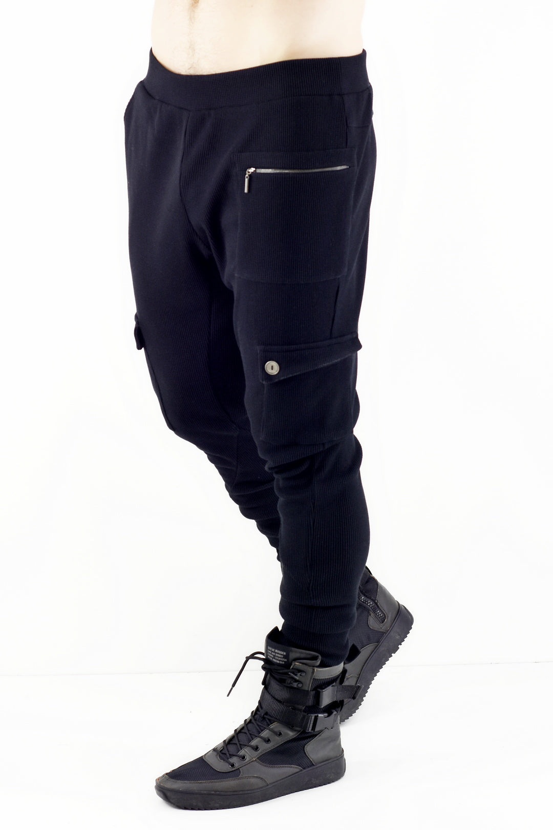 Menswear Black Waffle Cargo Pull on Pants ZG5522