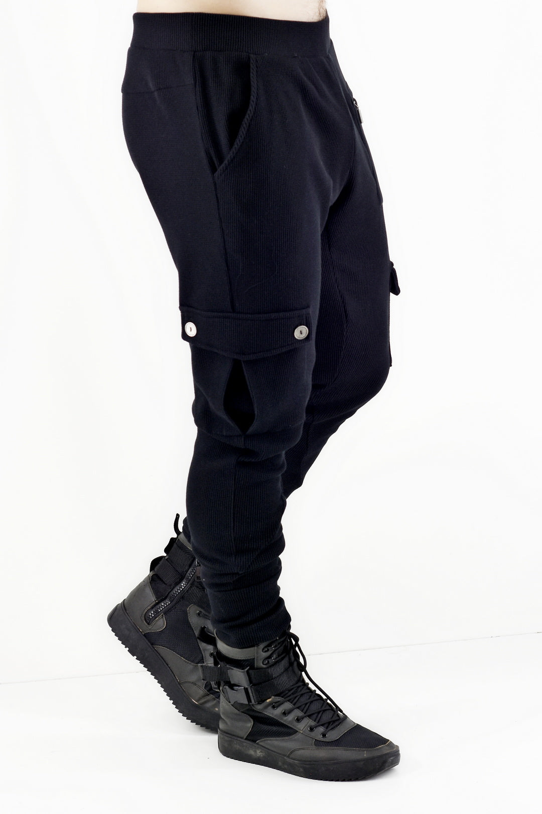 Menswear Black Waffle Cargo Pull on Pants ZG5522