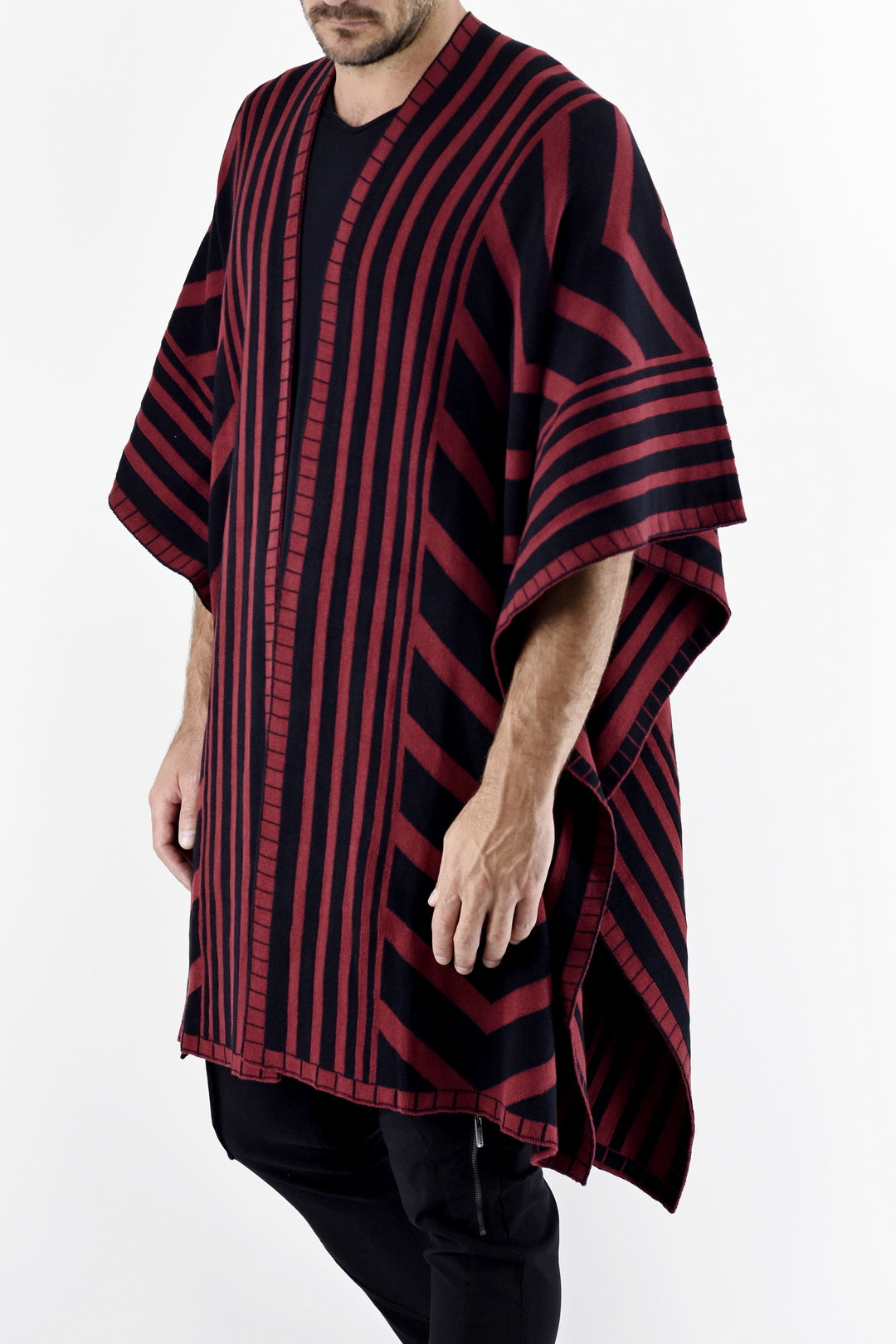 Menswear Knitted Maroon and Black Zebra Poncho ZG5532