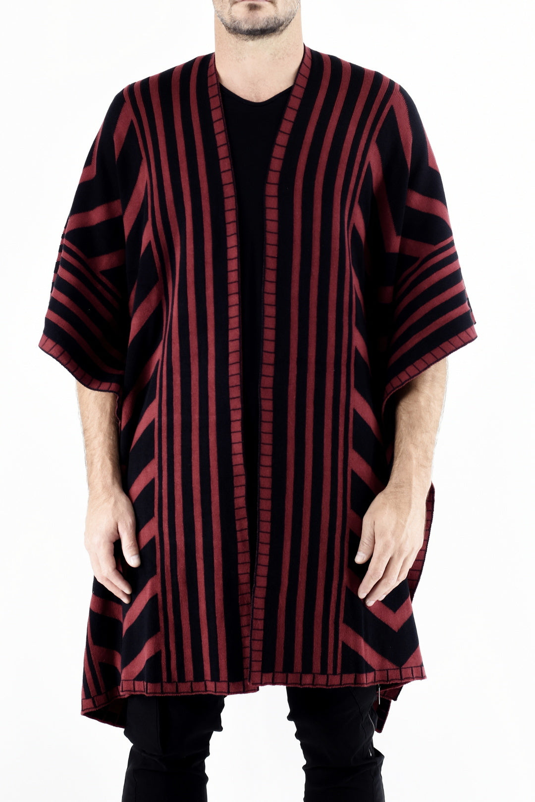 Menswear Knitted Maroon and Black Zebra Poncho ZG5532