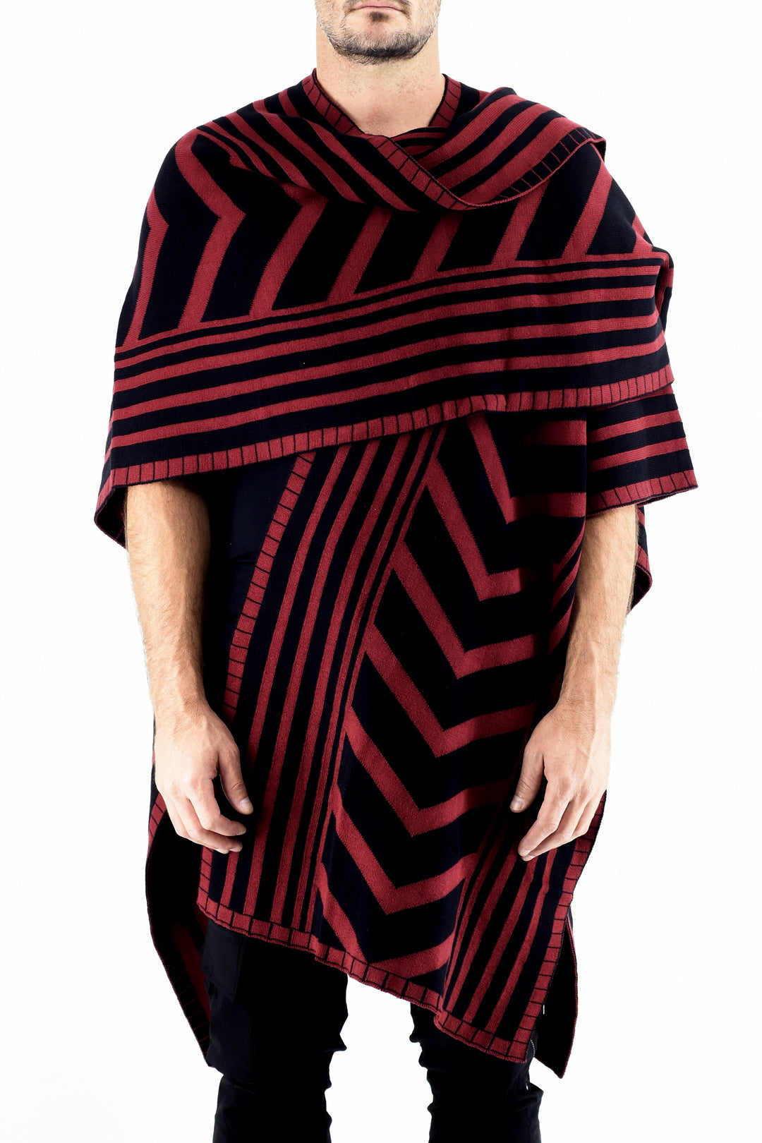 Menswear Knitted Maroon and Black Zebra Poncho ZG5532
