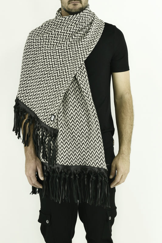 Cream and black knit scarf with leather fringing ZG5603