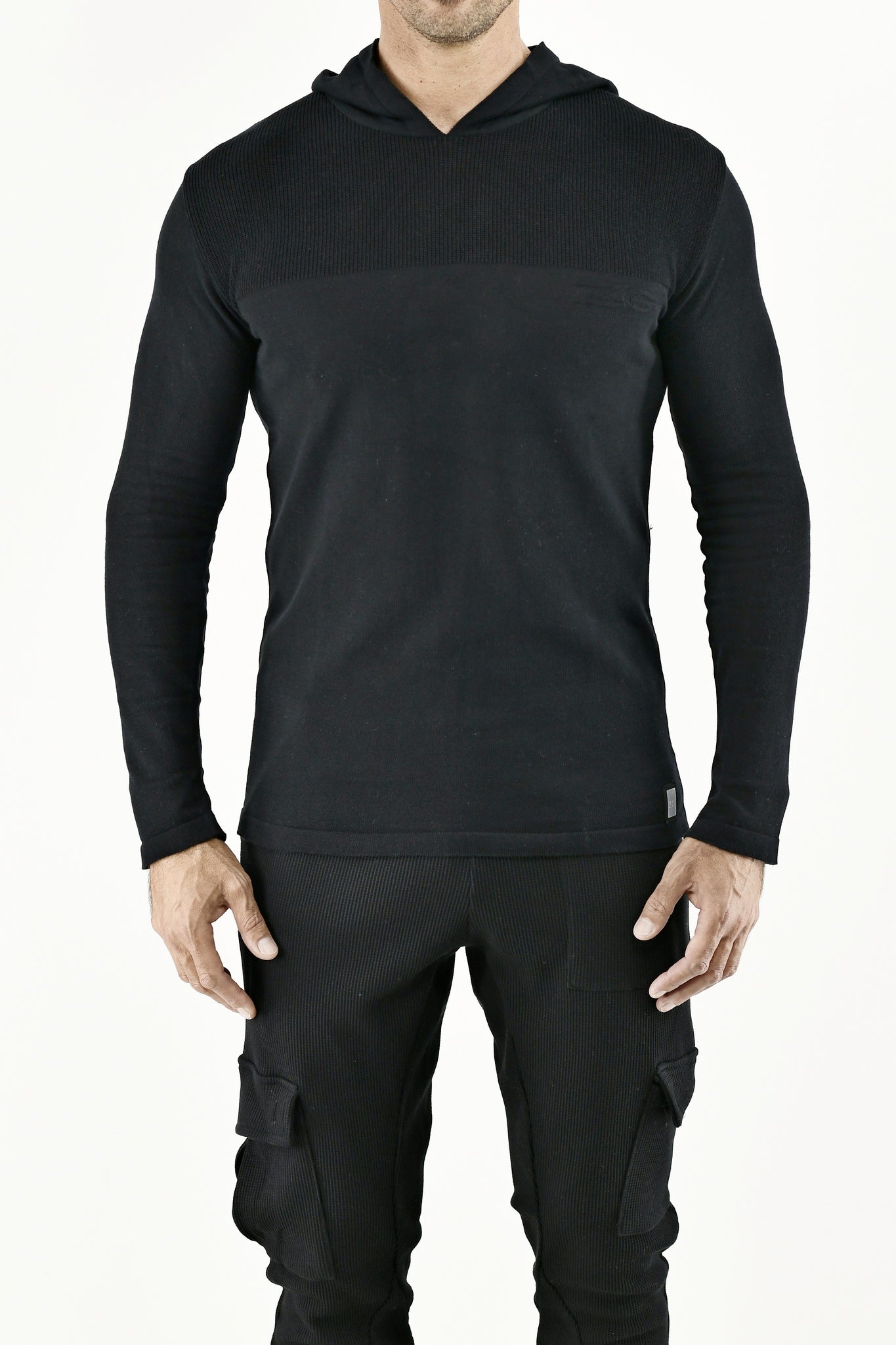 Mens Black Fine Gauge Knitwear Hoodie Jersey ZG5648