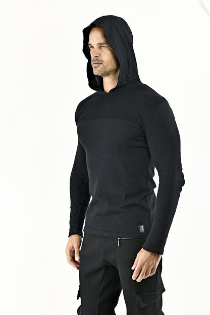 Mens Black Fine Gauge Knitwear Hoodie Jersey ZG5648