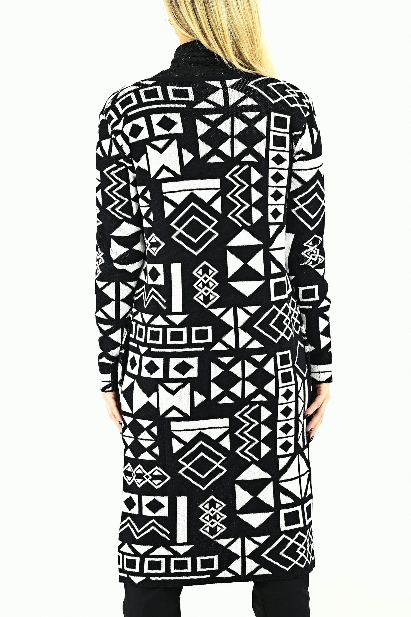 Ladies Long Geo Cotton Cardigan in Black and Off White ZG5619