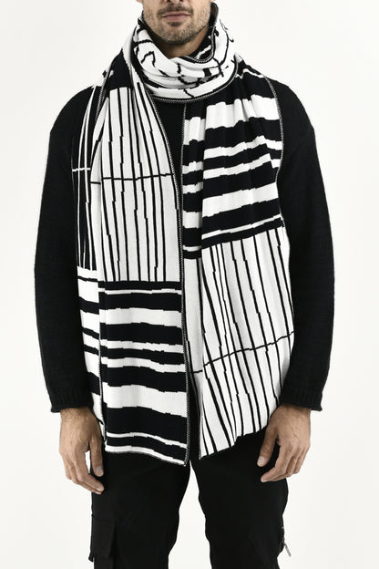 Mens Black And White Multi Line Cotton Scarf ZG5672