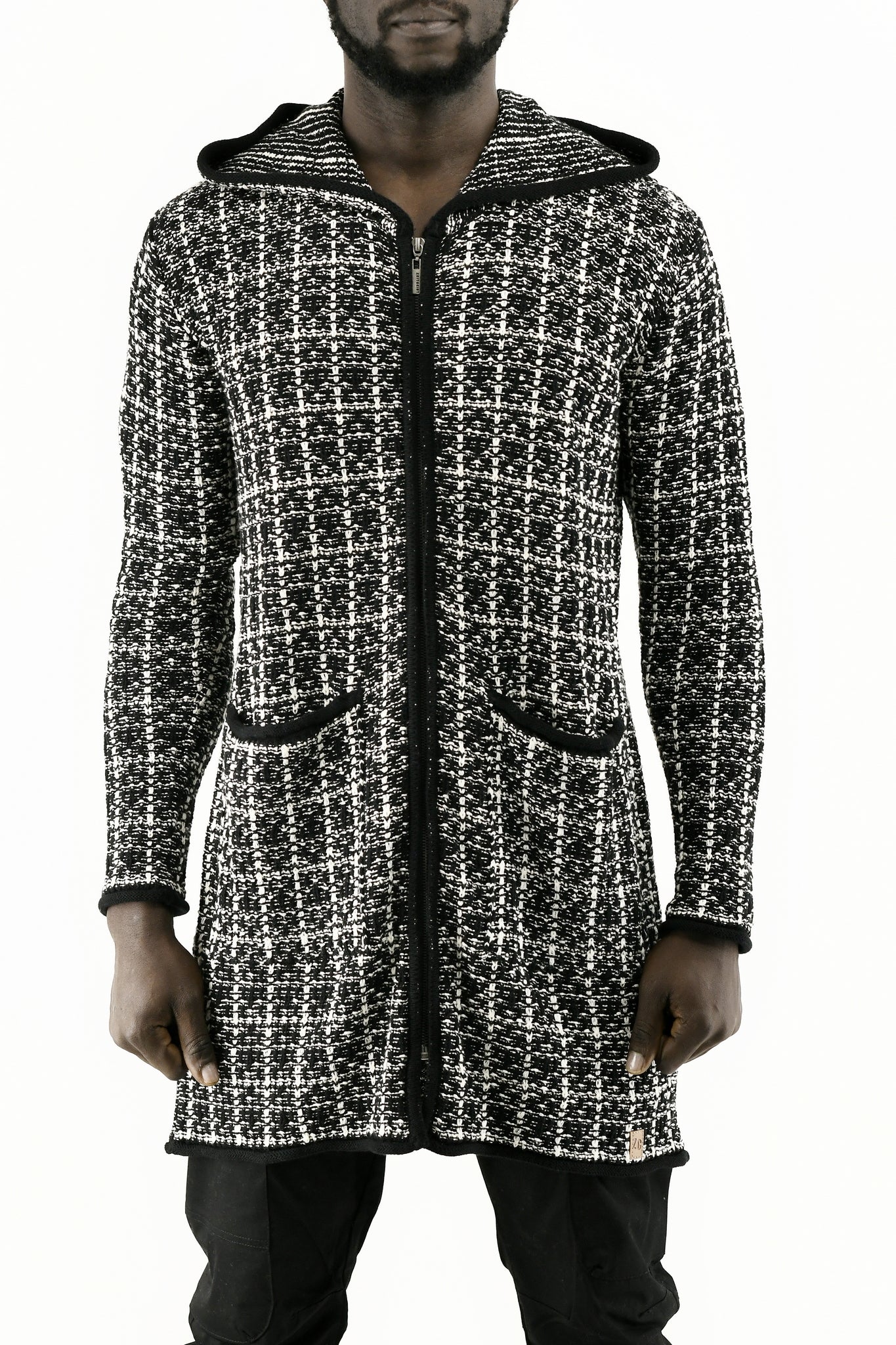 Menswear Black and White Boucle Zip Cardigan with Hood ZG5744