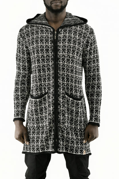 Menswear Black and White Boucle Zip Cardigan with Hood ZG5744