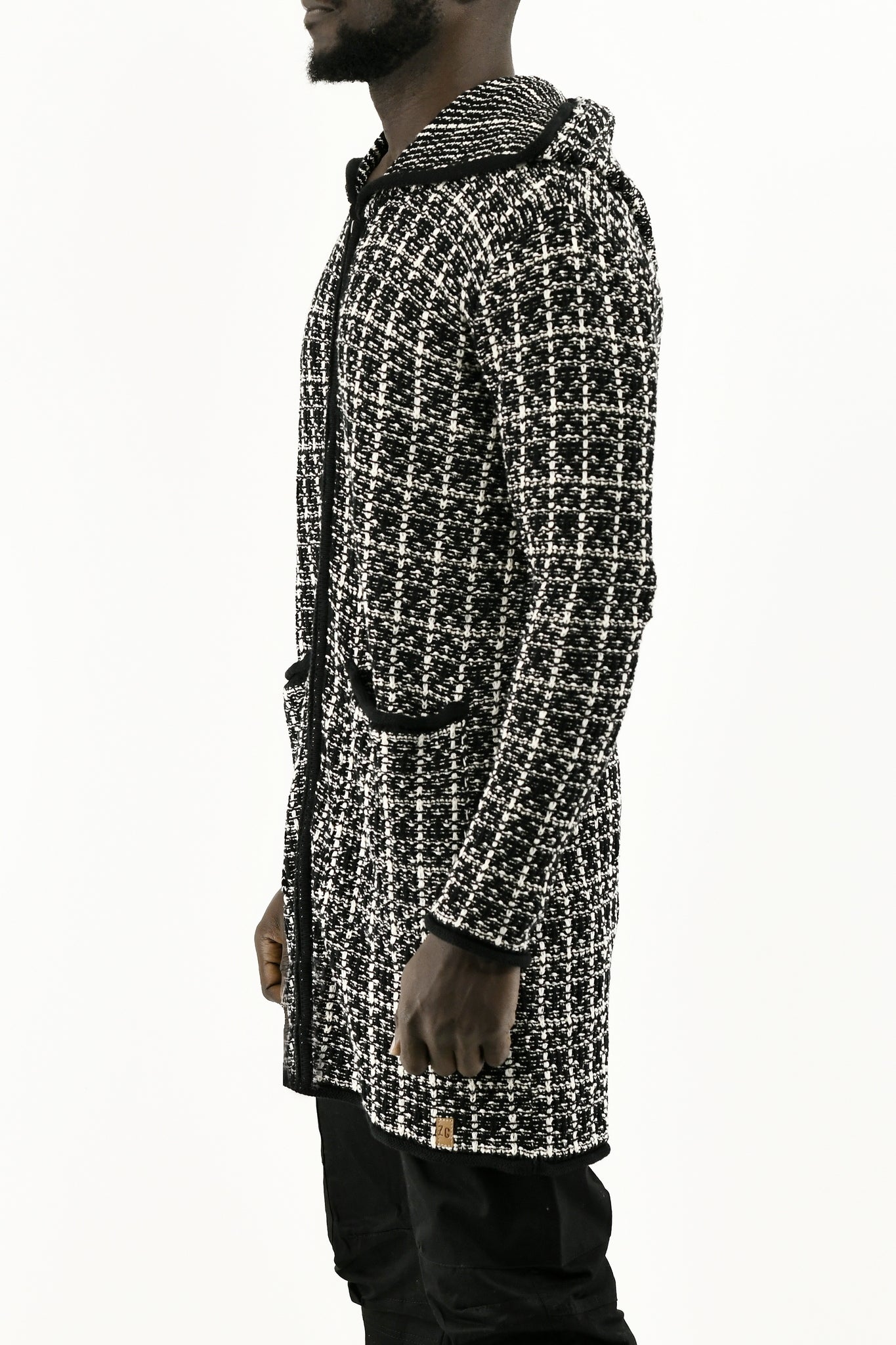 Menswear Black and White Boucle Zip Cardigan with Hood ZG5744