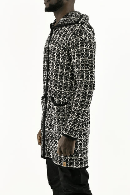 Menswear Black and White Boucle Zip Cardigan with Hood ZG5744