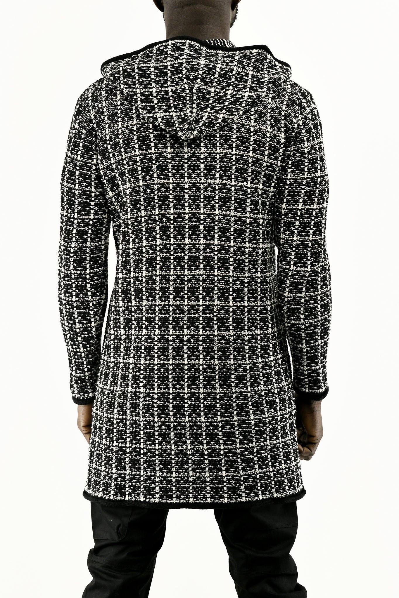Menswear Black and White Boucle Zip Cardigan with Hood ZG5744