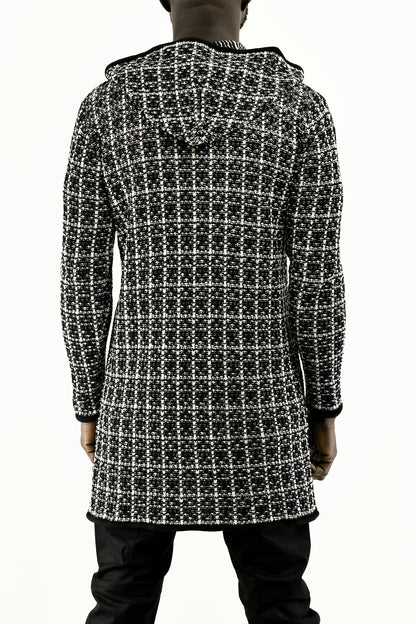 Menswear Black and White Boucle Zip Cardigan with Hood ZG5744