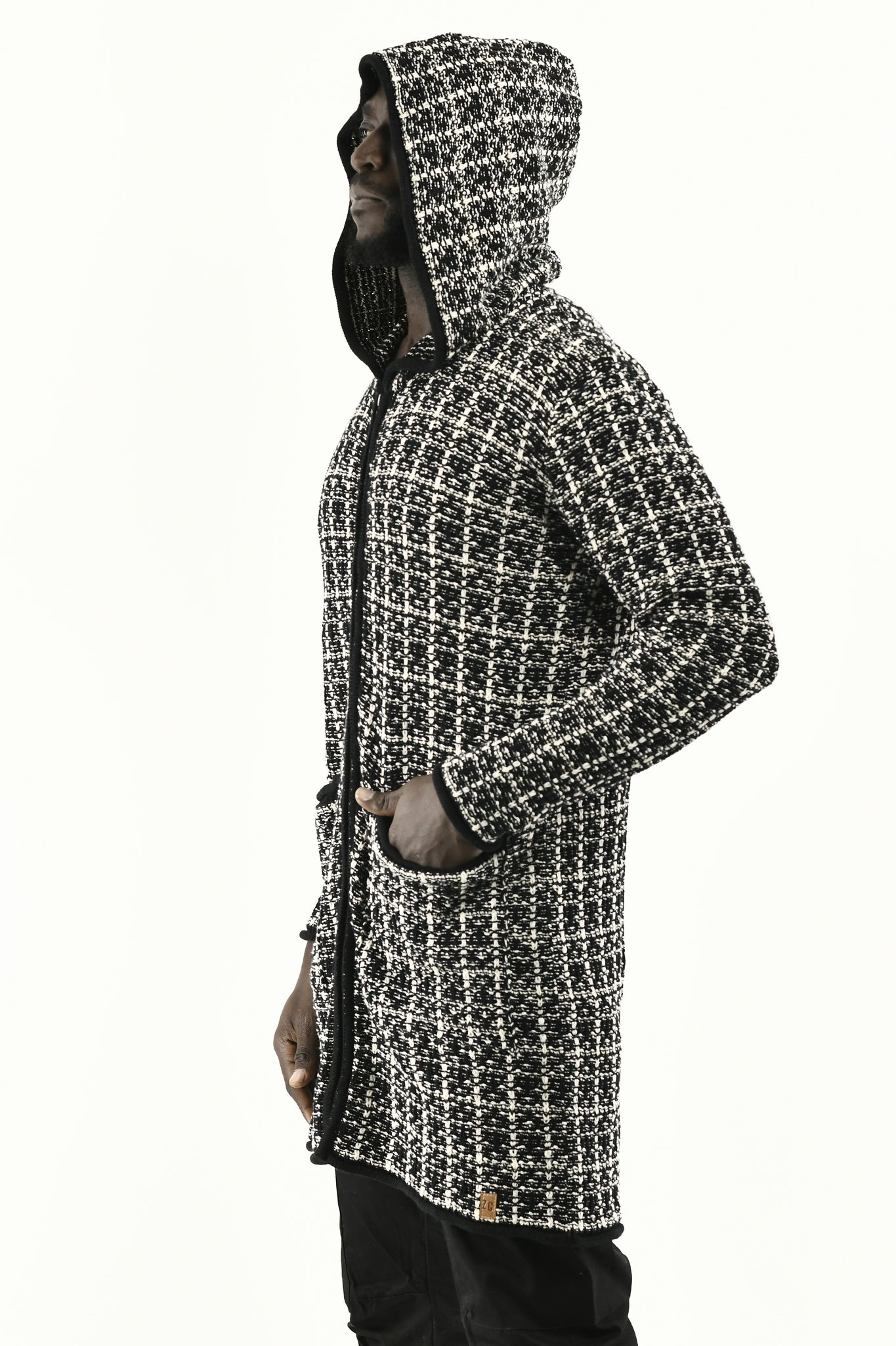 Menswear Black and White Boucle Zip Cardigan with Hood ZG5744