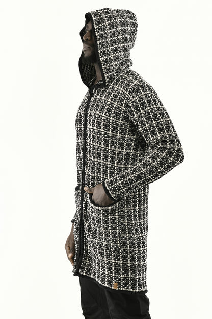 Menswear Black and White Boucle Zip Cardigan with Hood ZG5744