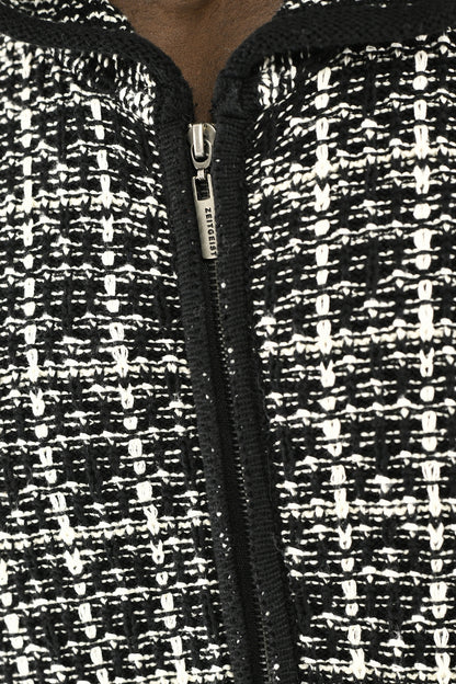 Menswear Black and White Boucle Zip Cardigan with Hood ZG5744