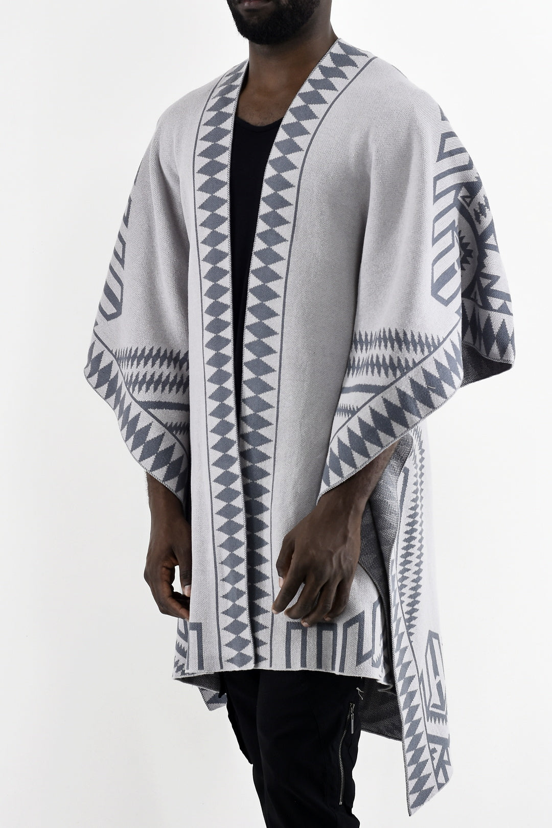 Menswear Knitted Jagged Poncho in Slate and Grey ZG5538