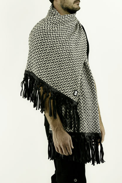Cream and black knit scarf with leather fringing ZG5603