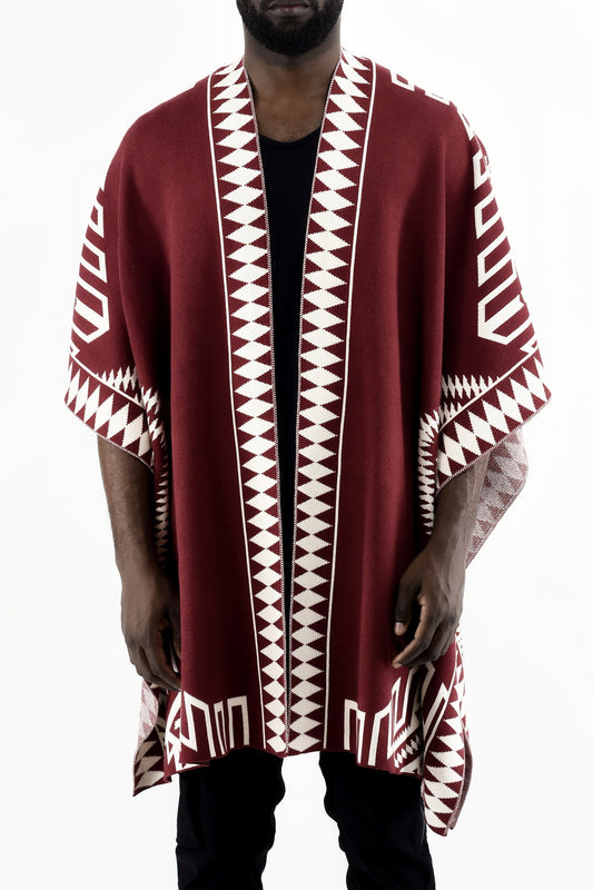 Menswear Knitted Jagged Poncho in Maroon and Cream ZG5537