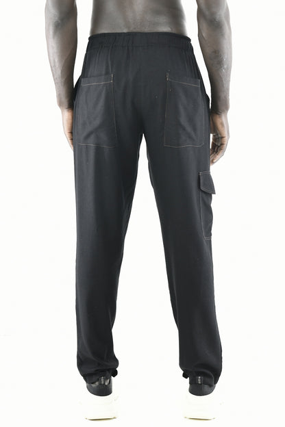 Menswear Black Linen Blend Cargo Pants ZG5686