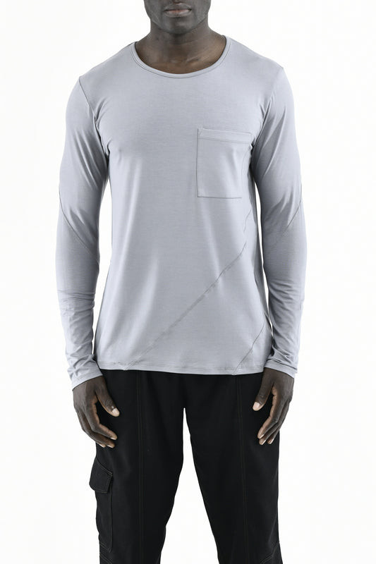 Menswear Light Grey Long Sleeve Cutline Pocket T ZG5649