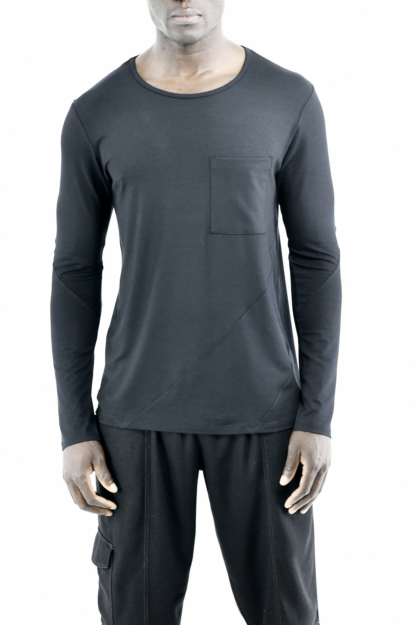 Menswear Black Long Sleeve Cutline Pocket T ZG5632