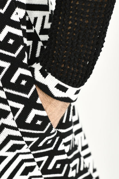 Menswear Black and White Ethnic Mesh Cardigan with Hood ZG5715