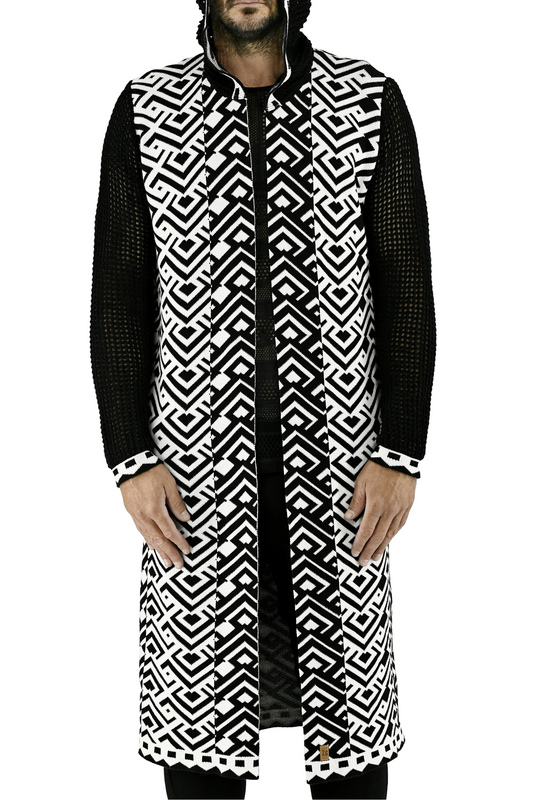 Menswear Black and White Ethnic Mesh Cardigan with Hood ZG5715