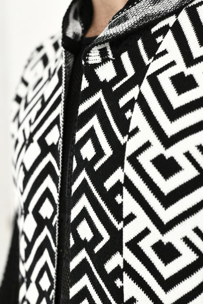 Menswear Black and White Ethnic Mesh Cardigan with Hood ZG5715