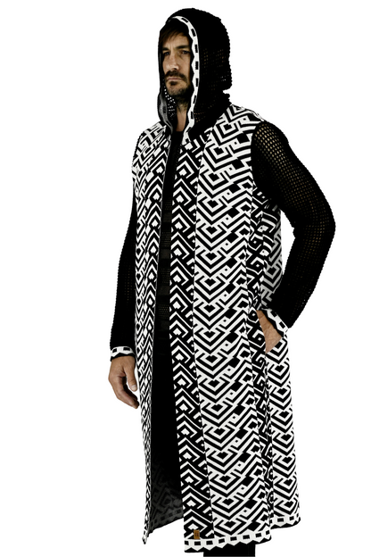 Menswear Black and White Ethnic Mesh Cardigan with Hood ZG5715