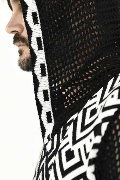 Menswear Black and White Ethnic Mesh Cardigan with Hood ZG5715